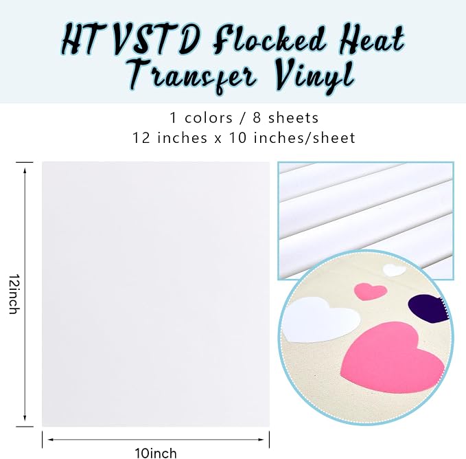 HTVSTD White Flock HTV Heat Transfer Vinyl 8pcs 12×10in | Vivid Color Iron on