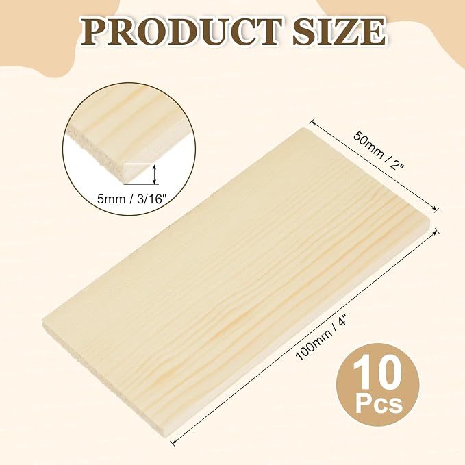MECCANIXITY 10Pcs Wood Strips Slats, 3/16" x 2" x 4" Thin Wood Sticks Flat