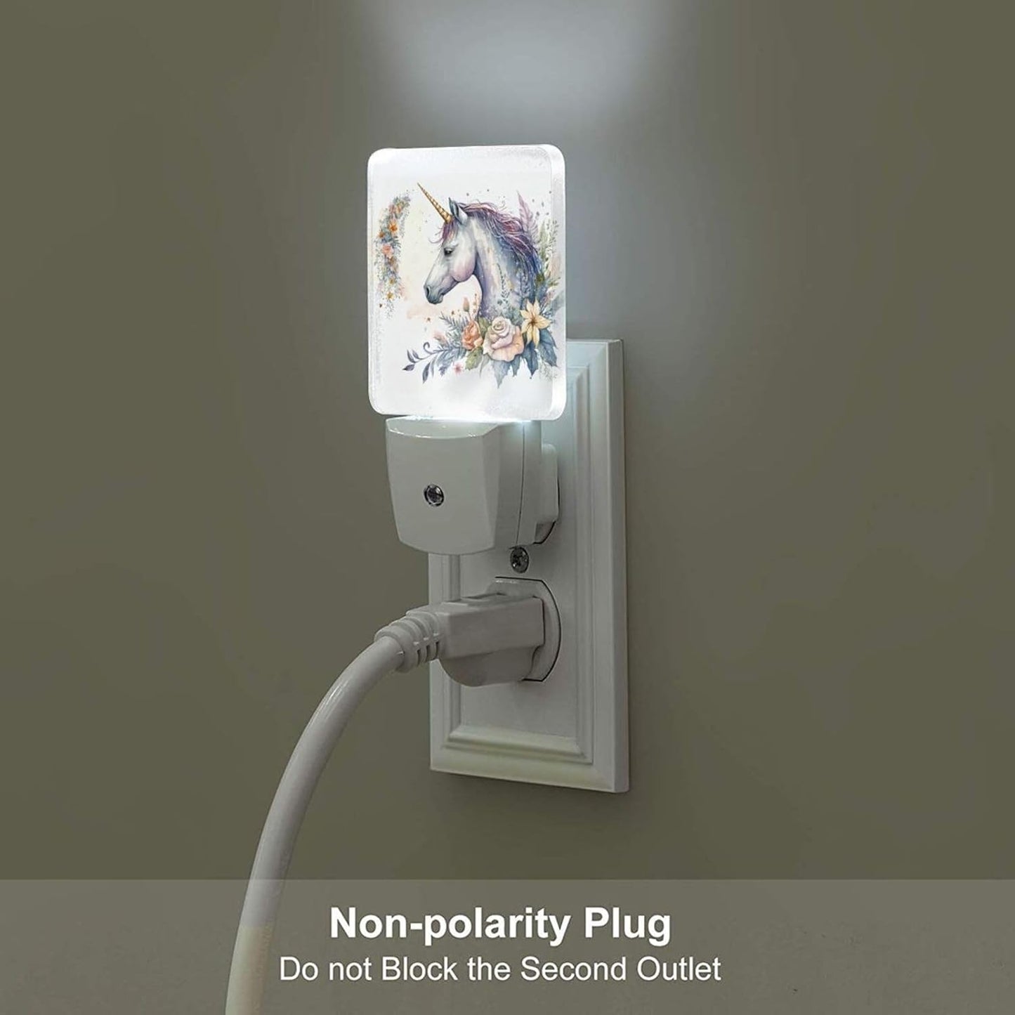 Watercolor Magic Unicorn and Flowers Night Light,Plug-in Night Lights with Dusk to Dawn Sensor for Stairway,Hallway,Bedroom Sleep Friendly Ideal for Women/Girls/Boys Gift,0.5w