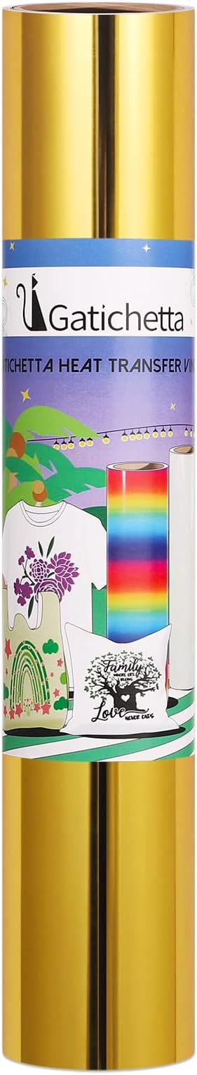 Gatichetta Heat Transfer Vinyl Roll, Metallic Foil Gold Iron On Vinyl 12" X 6ft