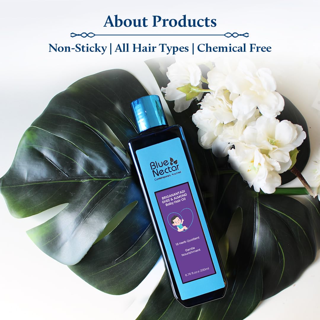 Blue Nectar Ayurvedic Baby Hair Oil with Organic Ghee, Almond Oil, Coconut Oil & Olive Oil for Hair and Scalp (18 Herbs, 200 ml)