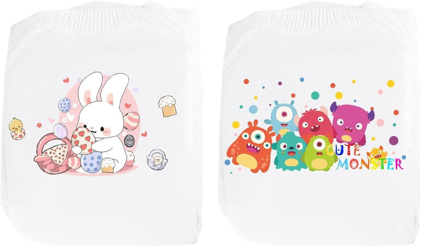 Landofgenie Adult Diapers with Tabs Unisex Overnight High Absorbency Diapers Pack of 2 (Medium 28"-38") - Happy Bunny and Little Monster