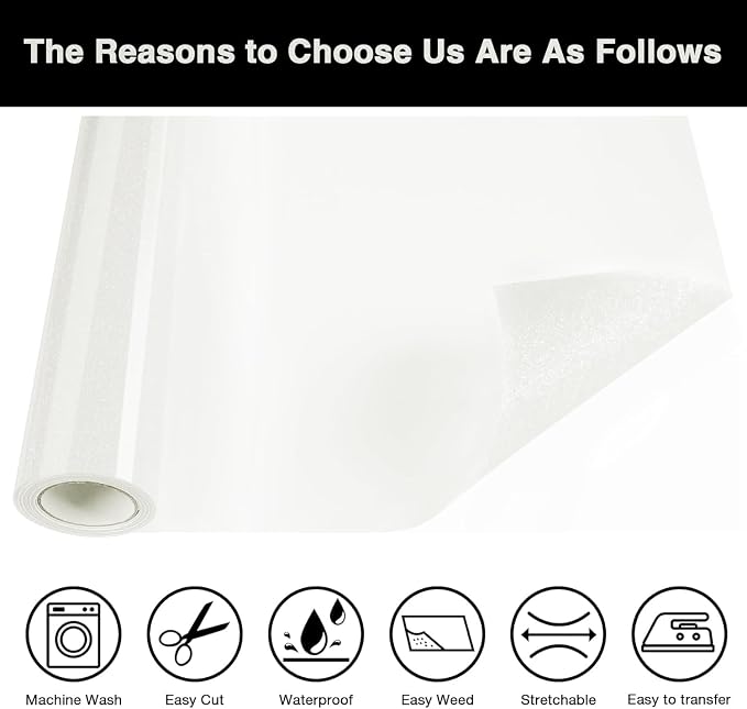 Iris White Glitter HTV Heat Transfer Vinyl Roll 12inch x 20 ft