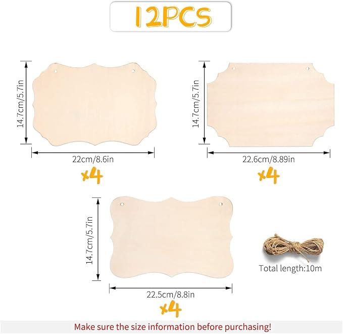 12Pcs Unfinished Wood Crafts, Rectangle-Shaped Wood Plaques