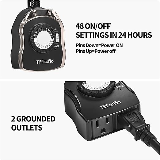 TiFFCOFiO Outdoor Timer Outlet, 24 Hour Mechanical Outdoor Timer for Pool Pump, Outdoor Light Timer Waterproof, 2 Grounded Outlets for Home and Garden, 15A 1/2HP, Heavy Duty, CSA Listed (1 Pack)