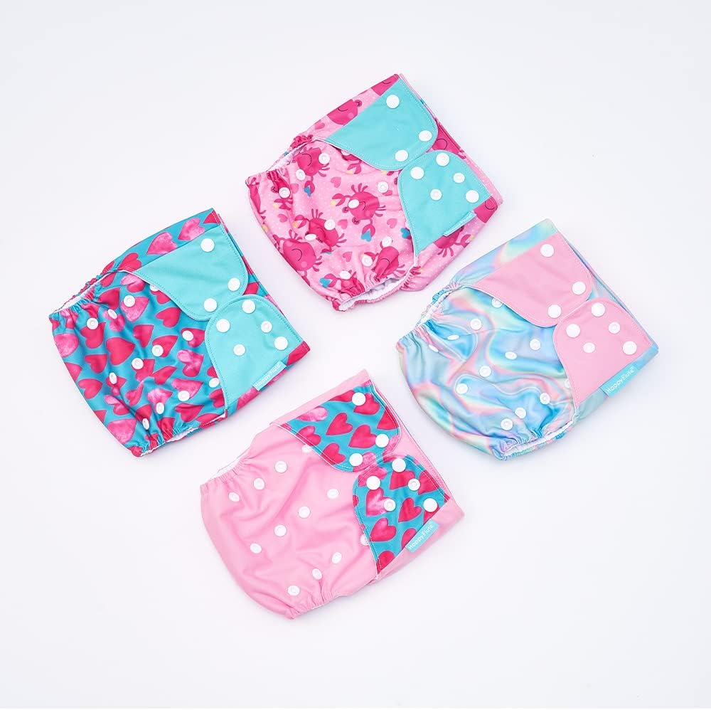 HappyFlute 4 Sets Newborn Baby Cloth Pocket Diapers One Size Adjustable Reusable for Baby Boys and Girls(No Inserts,Pink)