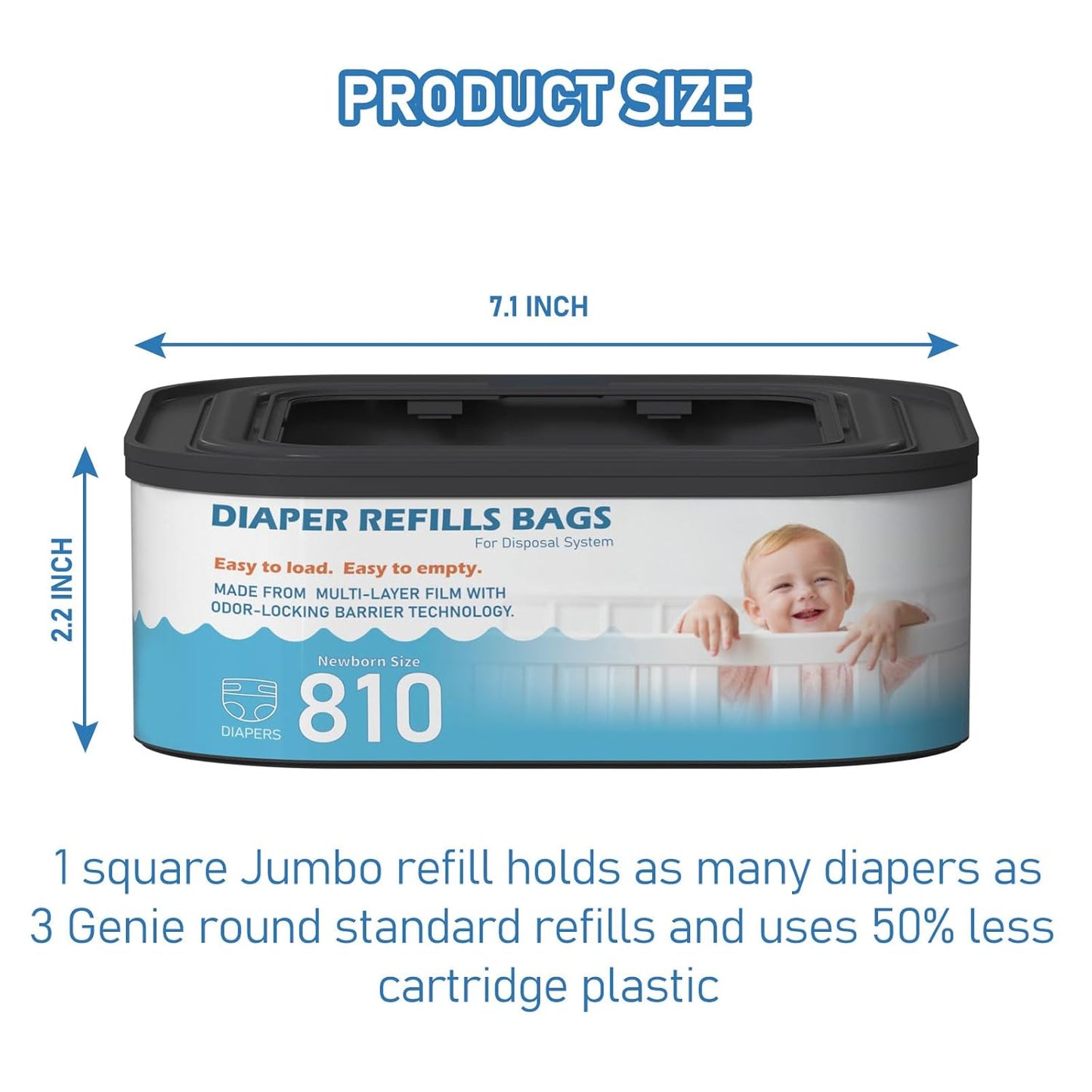 Jumbo Square Refills Disposal Bags Refill Compatible with Diaper Genie Classic, Compact and Select Pails, Hold Up to 810 Newborn-Sized Diapers Per Refill, 4 Packs