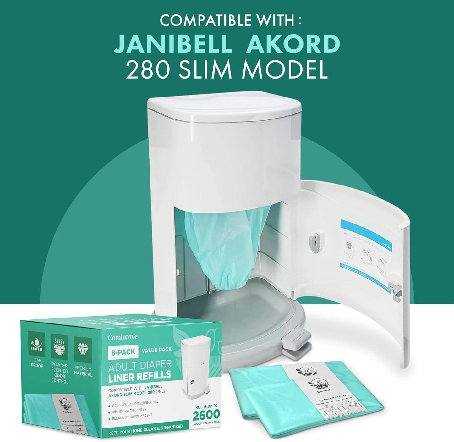 8 Pack Adult Diaper Liner Refills, Compatible with Janibell Akord 280 Slim Model, Adult Diaper System to Eliminate Waste, Odor Resistant by Comficove