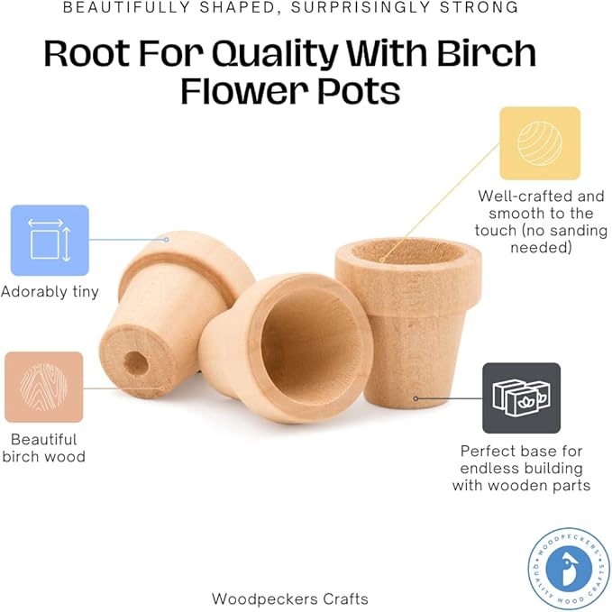 Woodpeckers Small Wooden Flower Pot 1-1/6 x 1-inch, 1 Flower Pots to Paint &