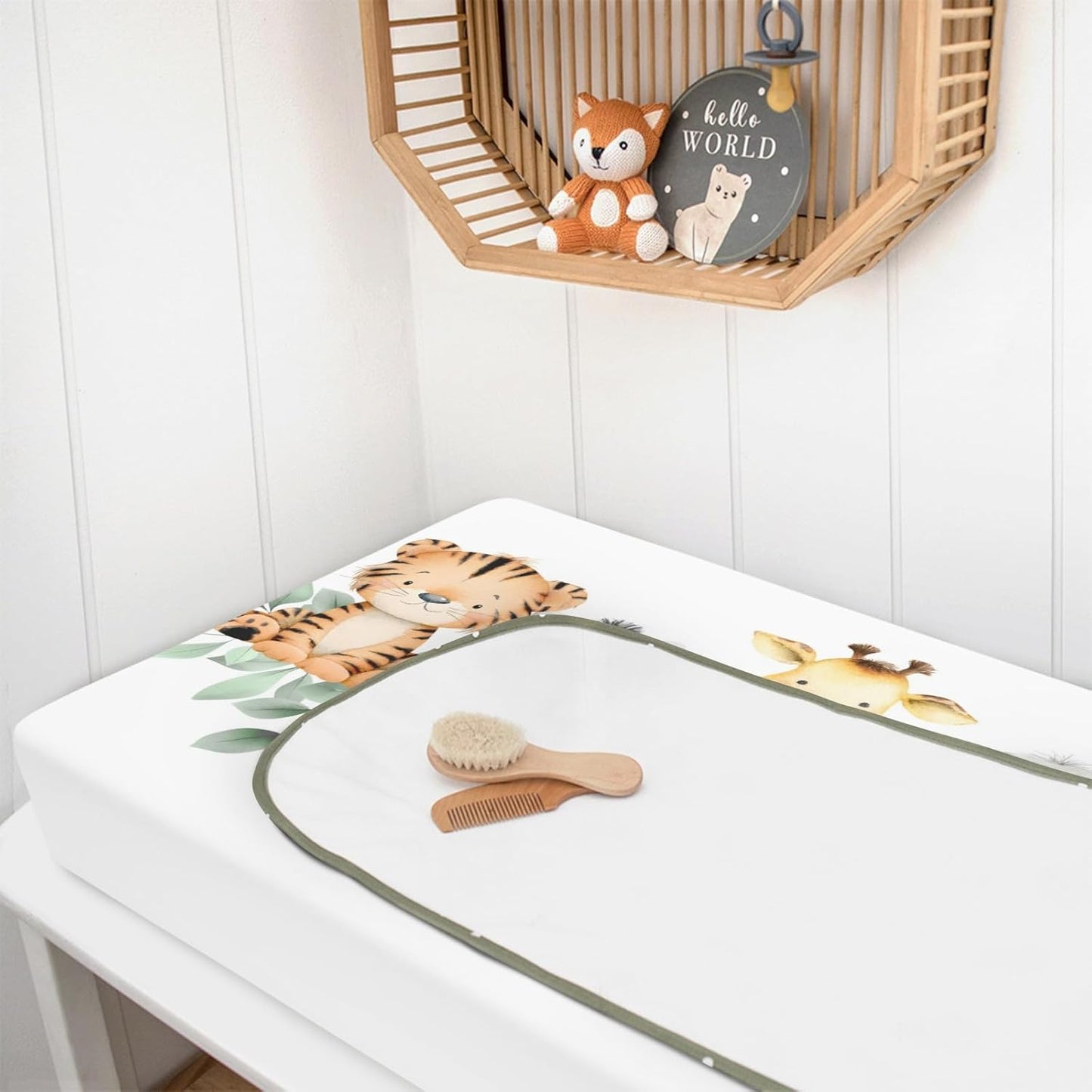 HawSkgFub Safari Jungle Baby Animal Leaf Changing Pad Cover, Natural Elephant Giraffe Zebra Lion Tiger Diaper Change Table Covers, Soft Stretchy Safe Snug Fitted Changing Mat Sheets Fit 32"/34" x 16"