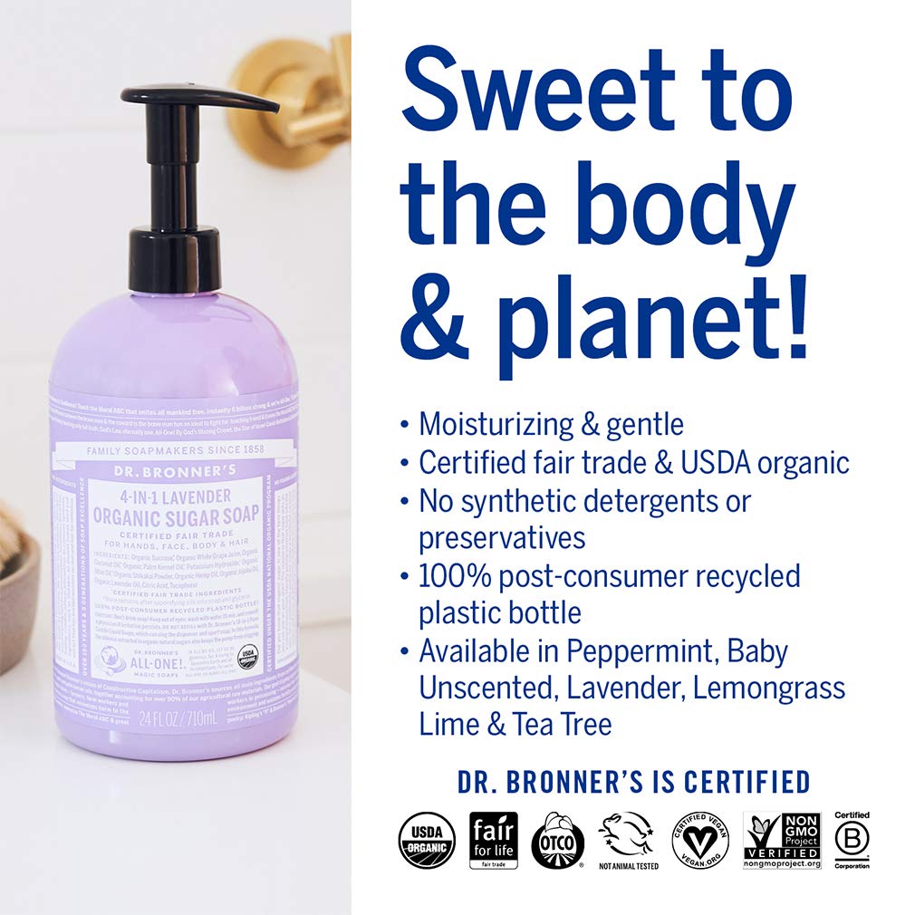 Dr. Bronner's - Organic Sugar Soap (Lavender, 24 Ounce) - Made with Organic Oils, Sugar and Shikakai Powder, 4-in-1 Uses: Hands, Body, Face and Hair, Cleanses, Moisturizes and Nourishes, Vegan
