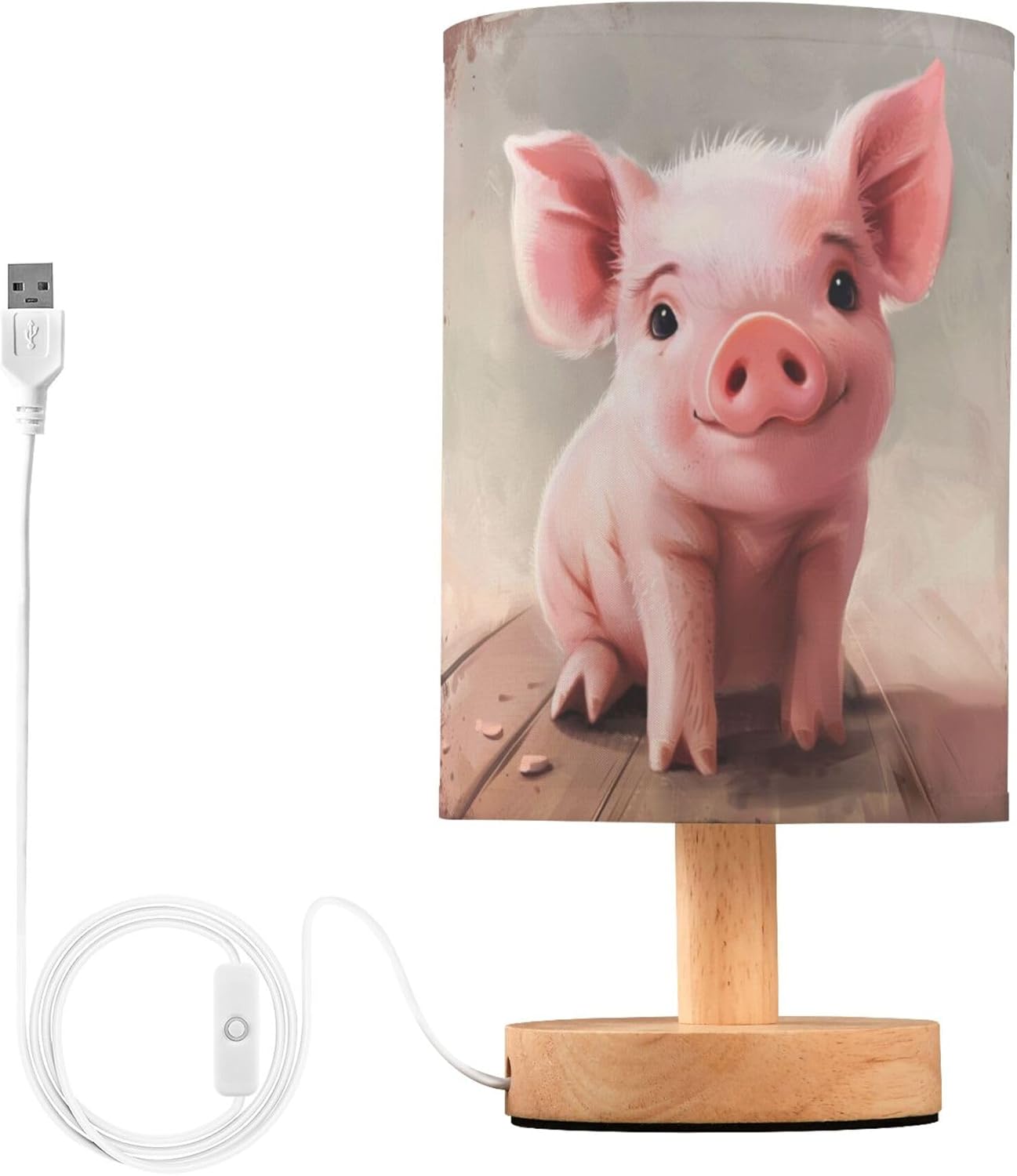 Table Lamp Cute Pink Pig Farm Animal Nightstand Lamp with Wood Base Fabric Lamp Shade Bedside Desk Lamp for Living Room Bedroom Kids Room Office