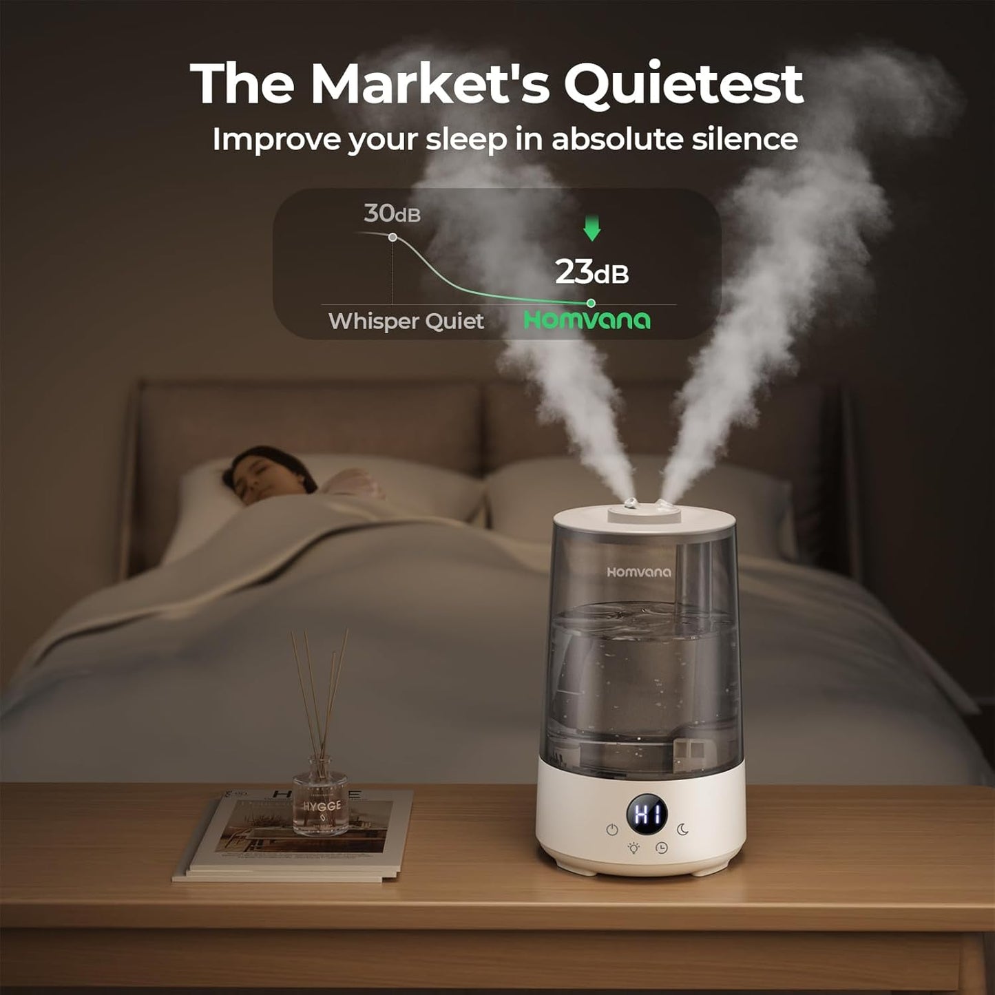 Homvana Humidifiers for Bedroom Home, 3.6 L Cool Mist Top-Fill 34H Super Long Time, Quiet 23dB, Baby Humidifier, Oil Diffuser for Large Room, Plants, Nursery, Office BPA FREE, 7 Color Light Ultrasonic