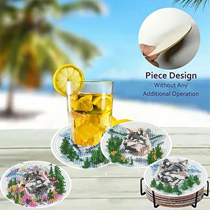 8 Pack Diamond Art Coasters, Wolf Forest animals Diamond Painting Coasters |