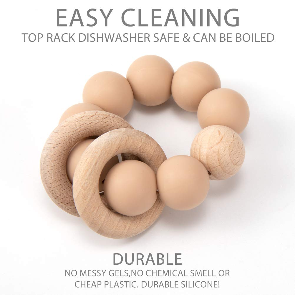 Silicone Baby Teether, Food Grade Silicone & Beech Baby Teething Toy, BPA Free (Muted)