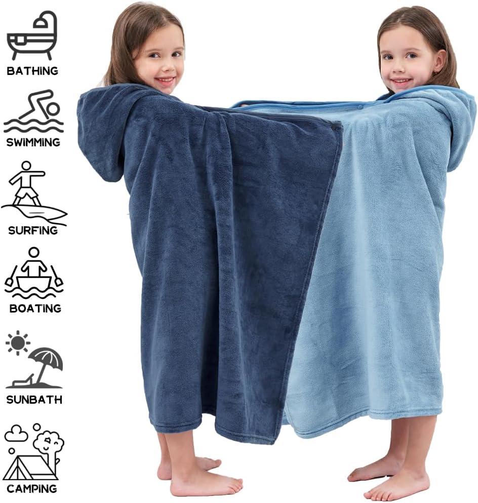 Hiturbo 2Pcs Kids Fleece Hooded Towel: Soft Plush Warm Blanket - 50"x30" Pool Beach Bath Swim Towel Wrap for 3-12 Yrs (Navy+Blue)