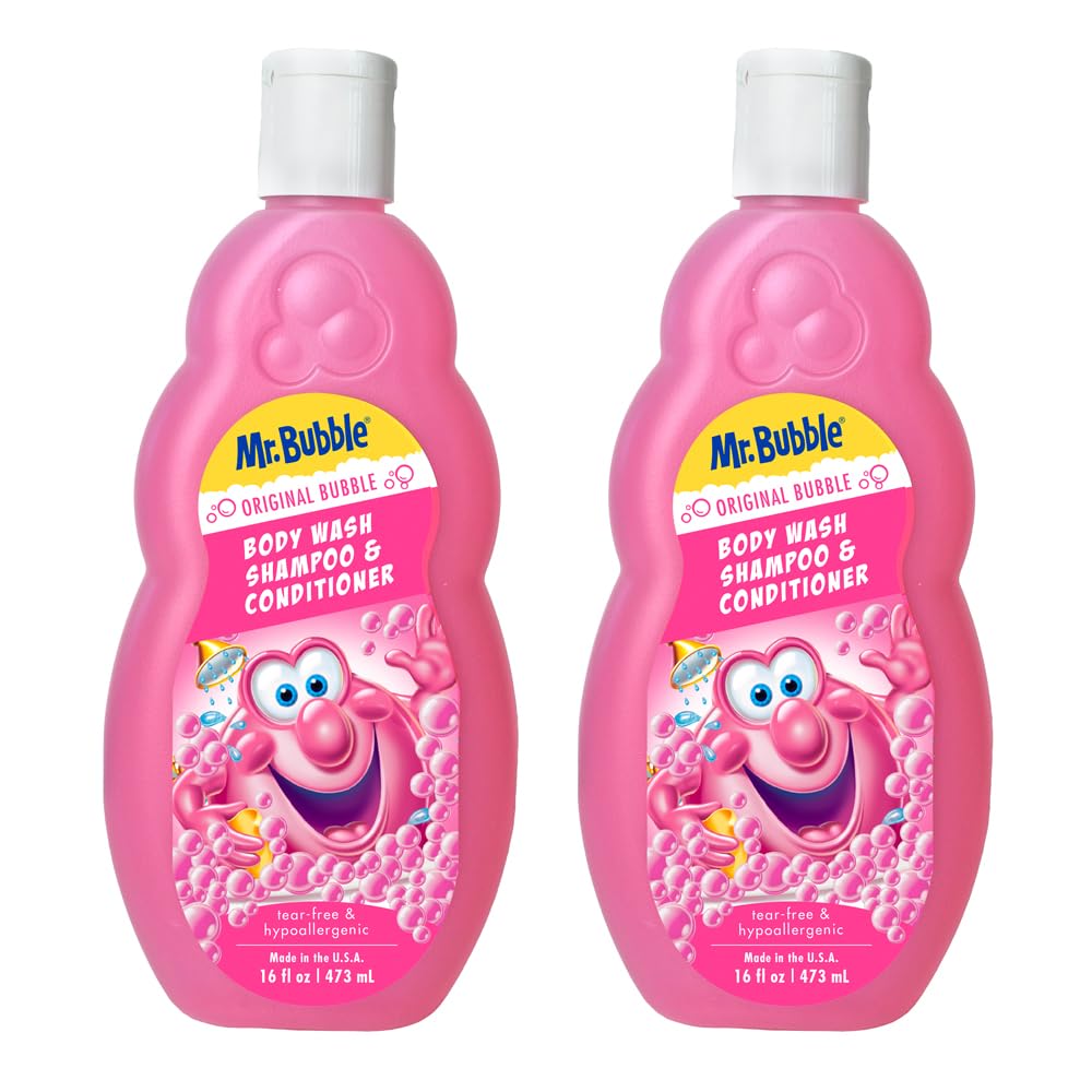 Mr. Bubble Kids Original 3in1 Shampoo, Conditioner, Body Wash – Hypoallergenic, Tear Free Bubble Gum Scented, Creates Big Bubbles In The Tub And Shower (Pack Of 2 Bottles, 16 fl oz Each)