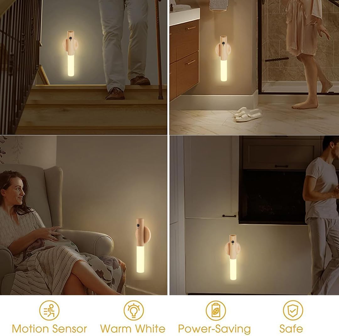 LANDGOO Nursery Night Lights 2 Pack - Baby Safe Motion Sensor with 2700K Warm Glow, Ash Wood Rechargeable Lamps for Bedroom & Nursery (Child-Safe Dual Room Coverage)