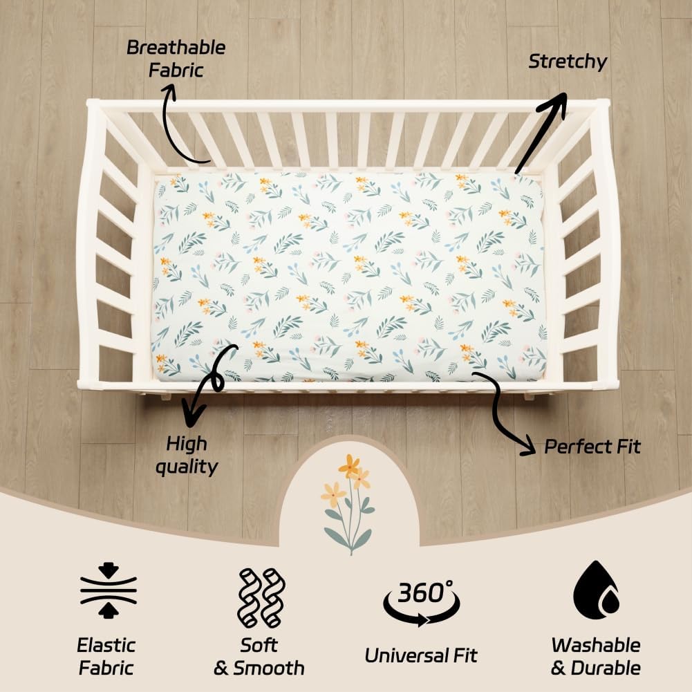 4 Pack Sage Green Fitted Nursery Sheets Breathable Neutral Unisex Baby Sheets for Boys or Girls with Leaf and Flower Design Standard Crib Sheet (Green, Crib Sheet)