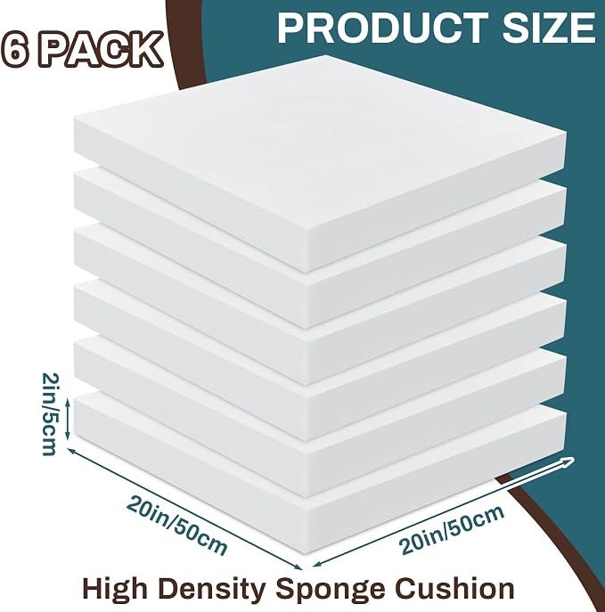 Frienda 6 Pack 2" X 20" X 20" Upholstery High Density Foam Cushion White