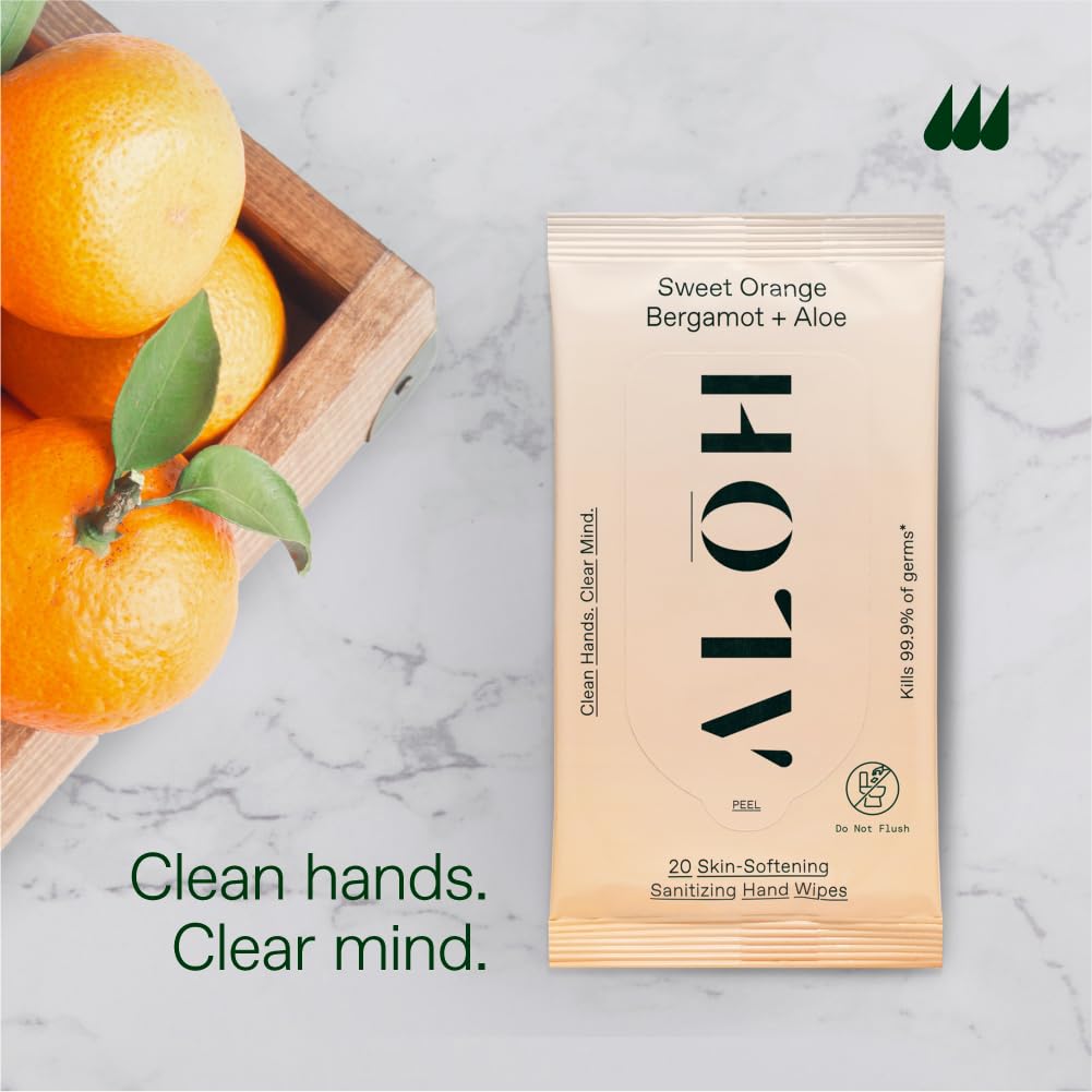 ALH Sweet Orange Bergamot + Aloe Sanitizing Hand Wipes - Clean Hands, Clear Mind - On The Go Hand Sanitizer for Kids & Adults - Travel Size 6 Packs (120 wipes)