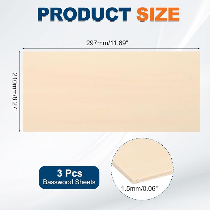 MECCANIXITY 3pcs Basswood Sheets 11.7 x 8 x 1/16 Inch Unfinished Wood Boards