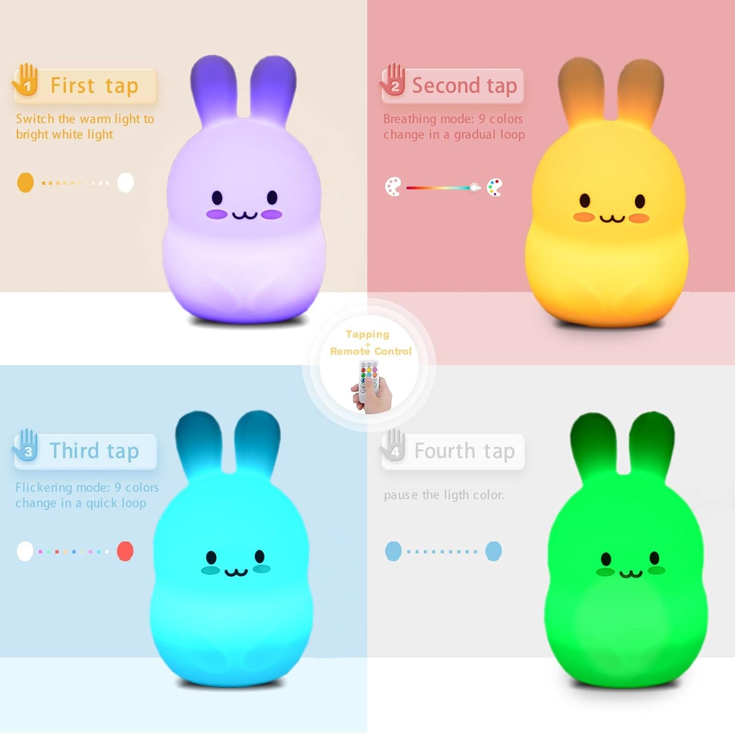 WHA&DARREN Night Light for Kids, Bunny Night Light, Silicone Nursery Light for Baby and Toddler, Animal Night Lights for Girls and Boys, Cute Lamps for Bedroom