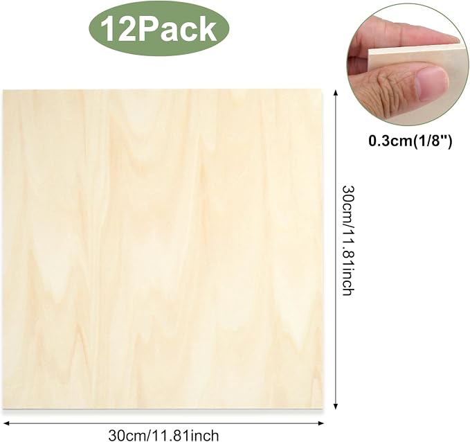 12Pack Basswood Sheets 1/8 Inch – 3mm Unfinished Plywood Boards 12"x12"