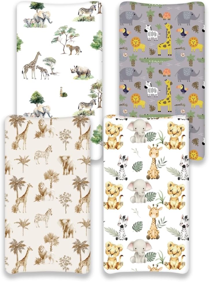 4 Pack Safari Jungle Animals Neutral Unisex Fitted Nursery Baby Sheets Set Toddler Mattress Sheets for Baby Boys or Girls (Changing Pad Cover)