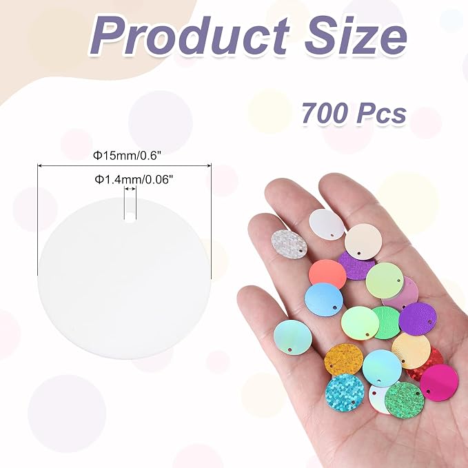 MECCANIXITY 700 Pcs Flat Round Sequins 15mm/0.6 Inch Loose Paillettes Craft