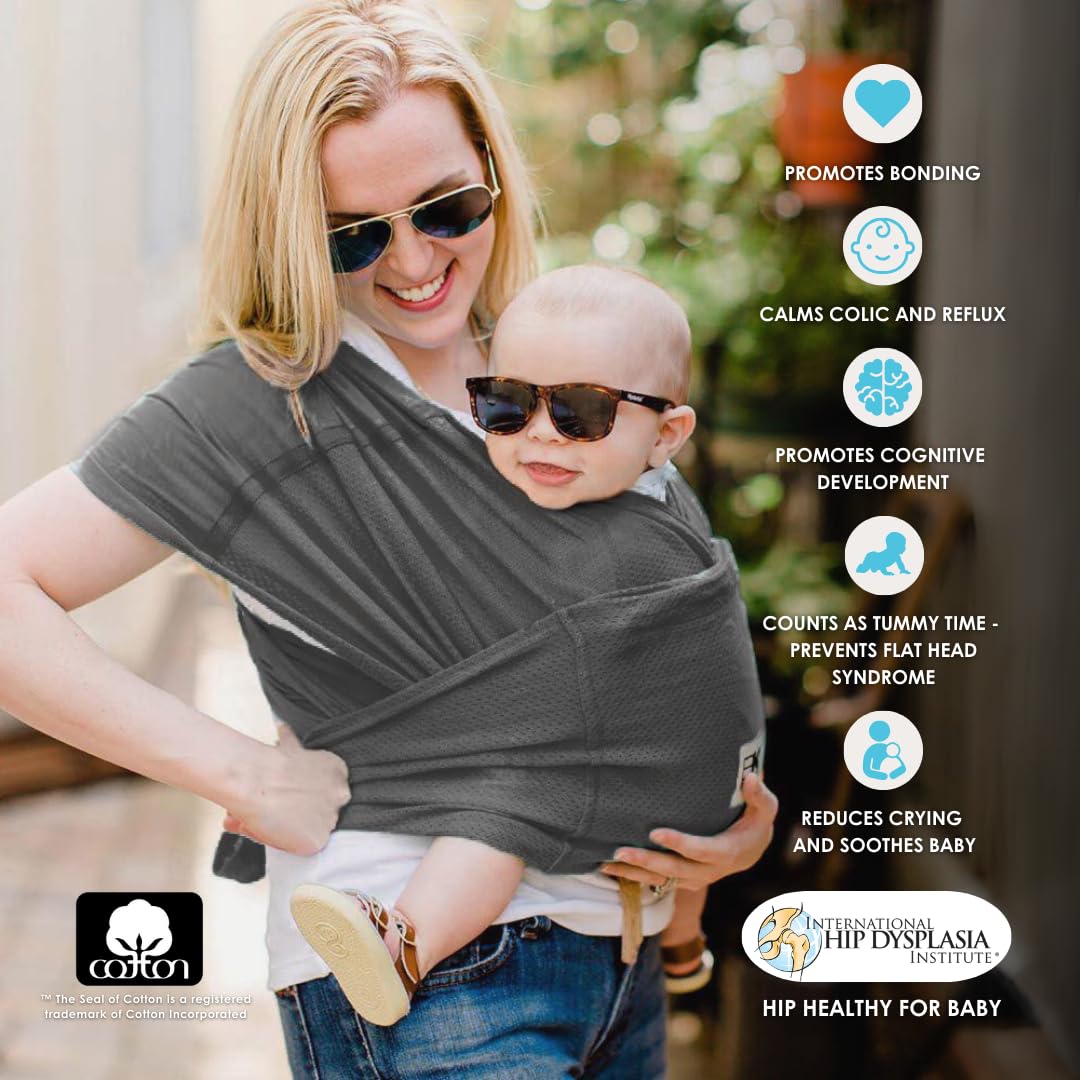 Breeze Baby K'tan Baby Carrier, #1 Easy Pre-Wrapped Baby Sling Gift | Breathable 100% Cotton Mesh | Hands Free Wrap for Infants | No Rings Or Buckles | Charcoal | Small