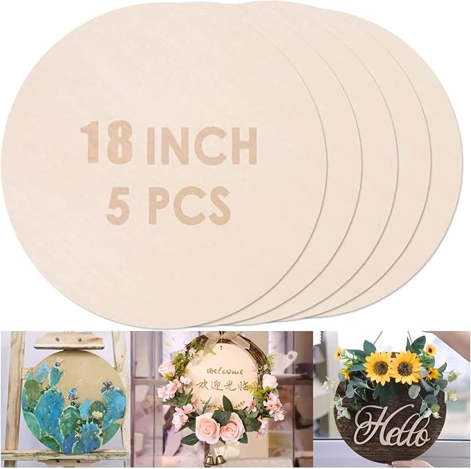 5PCS 18Inch Wood Circles for Crafts, Cutouts Blank Round Wood Slice Unfinished