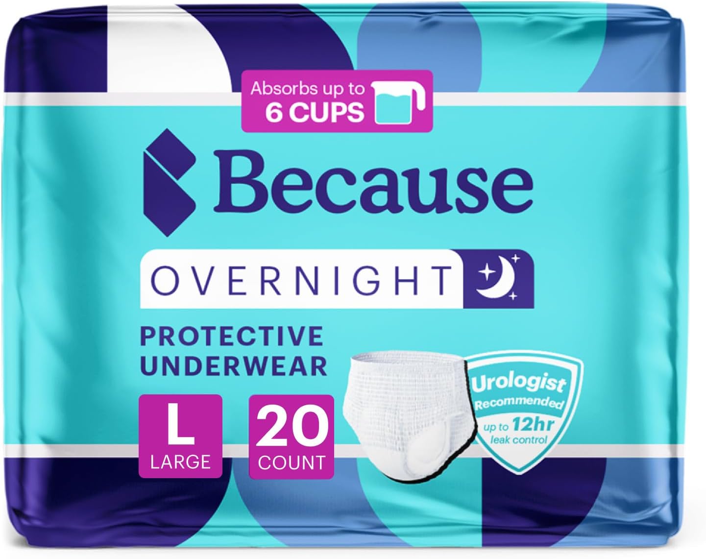 Because Overnight Absorbency Pull Ups - Adult Disposable Incontinence Underwear, Extra Absorbent Nighttime Briefs for Men and Women, White, Large, 20 Count