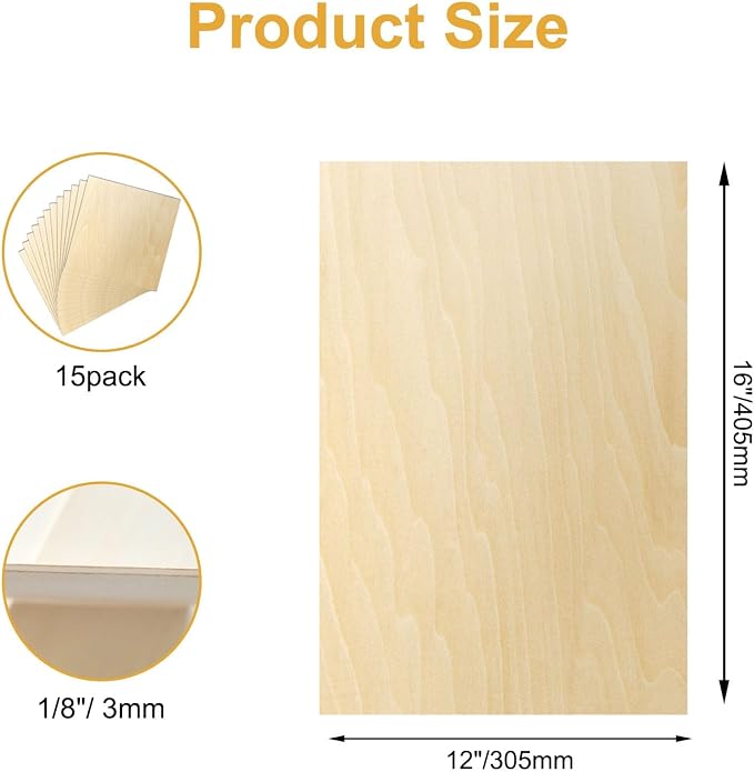 15 Pack Basswood Sheets 12x16x1/8 Inch, Balsa Wood Sheet, 3mm Plywood