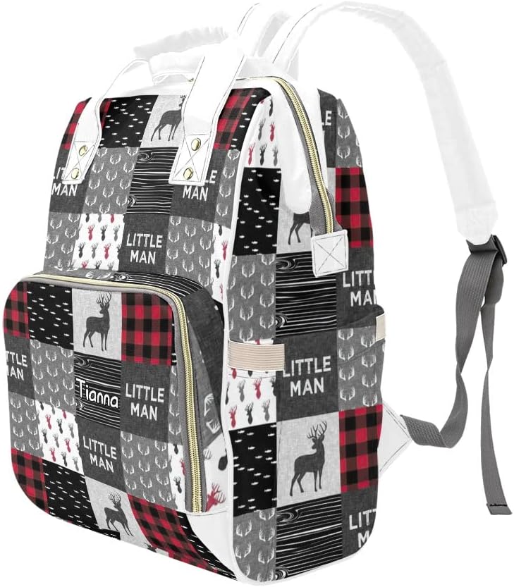 Antler Little Man Red Woodland Plaid Diaper Bags with Name Waterproof Mummy Backpack Nappy Nursing Baby Bags Gifts Tote Bag for Women