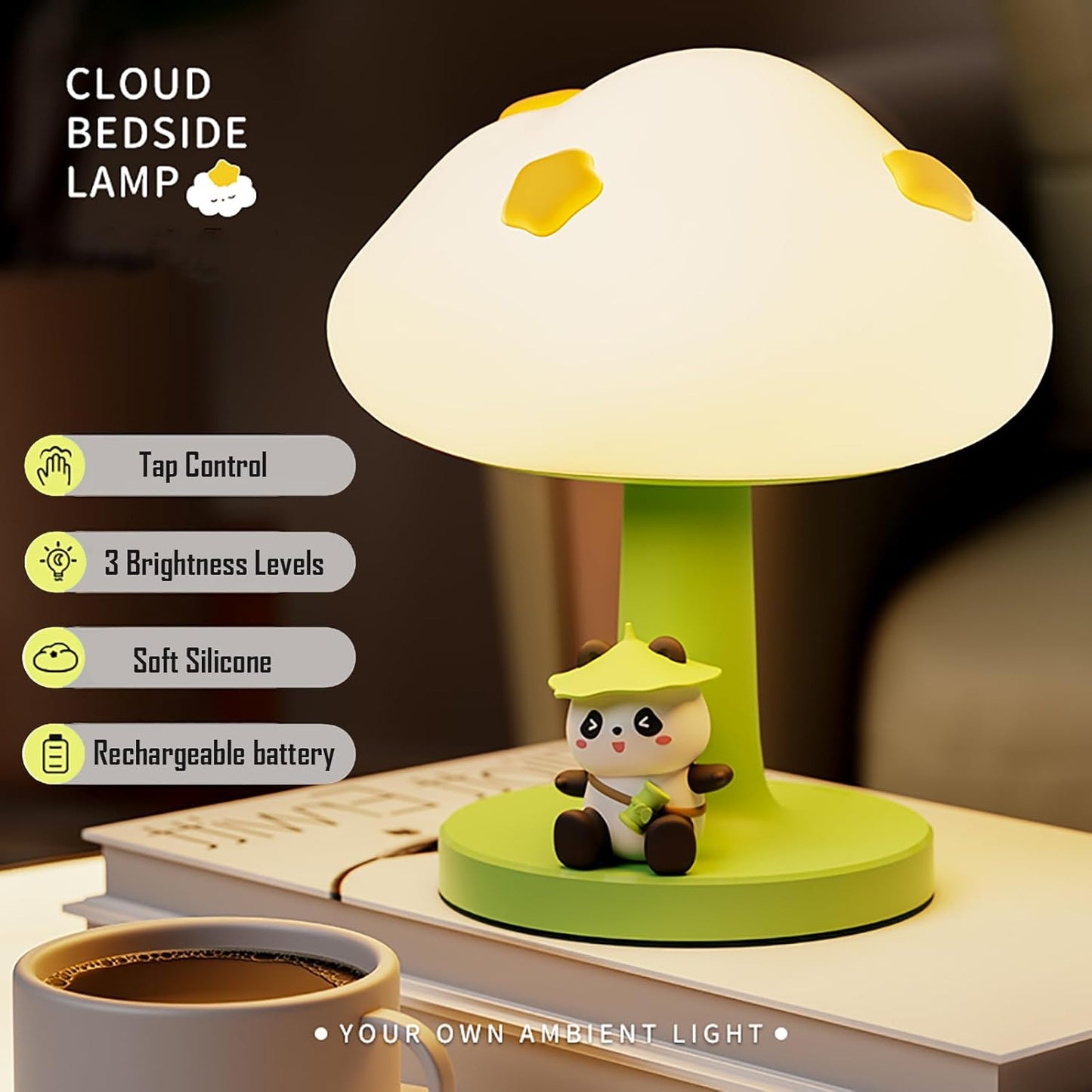 Cloud and Panda Rechargeable Night Light, Safe Soft Silicone Material, 3 Brightness Levels, Tap Control, Warm Light, Toddler Sleeping Lamp, Bedroom Night Lamp, Gift for Baby and Kid (Cloud and Panda)
