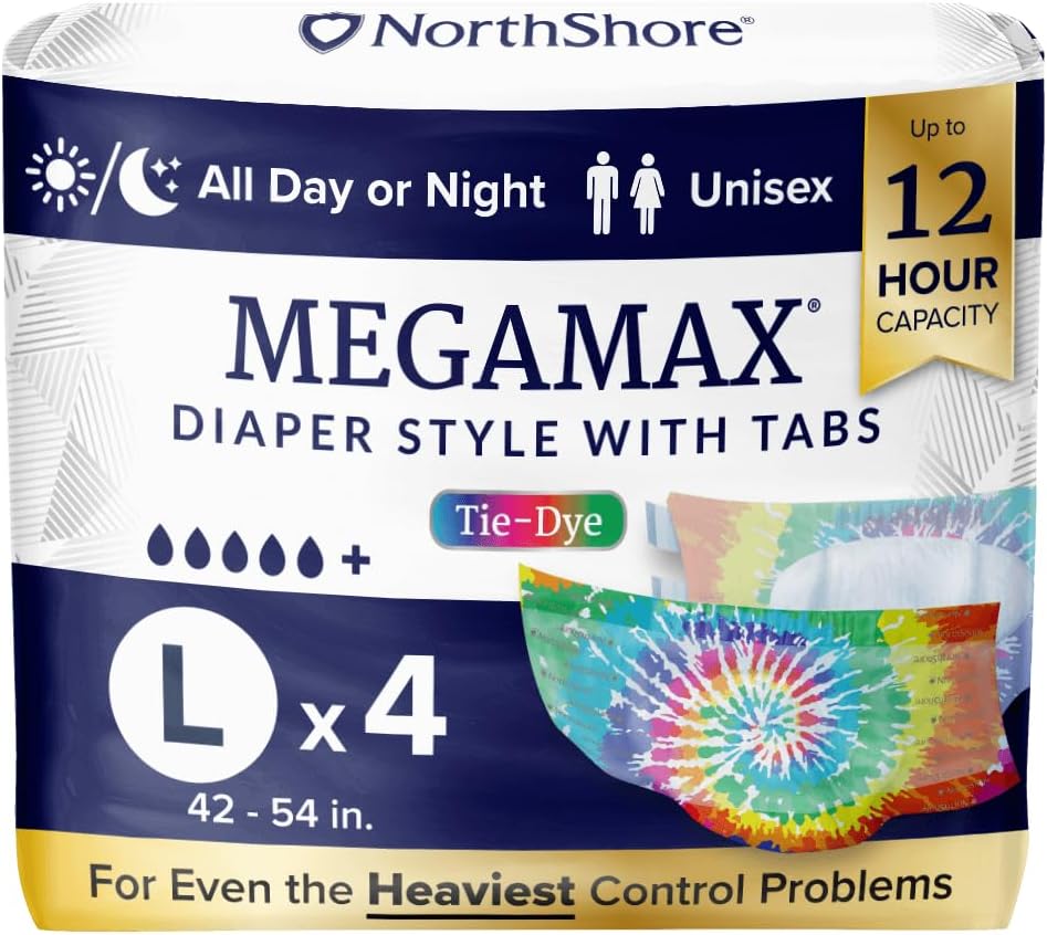NorthShore MegaMax Adult Overnight Diapers, 12-Hour Tab-Style, Large, 4 Count Starter Pack, Tie-Dye, 42-54 inches, Unisex Incontinence Underwear