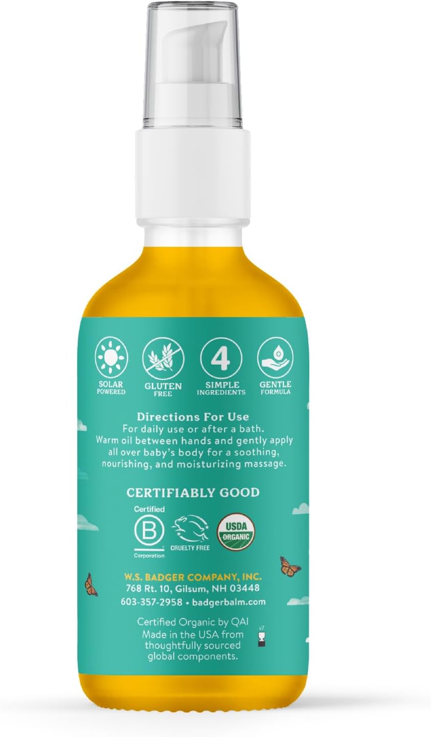 Badger Baby Oil, 100% Organic Ingredients to Soften & Moisturize Dry Skin or Cradle Cap, Soothing Vegan Organic Baby Oil, 4 fl oz Glass Bottle