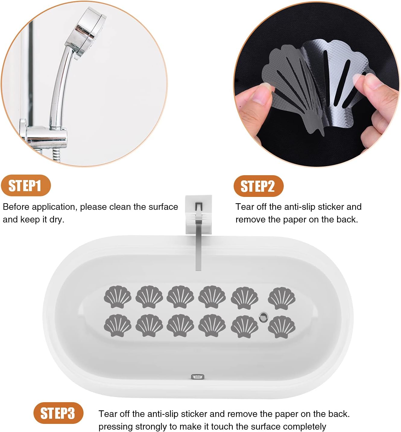 Non-Slip Bathtub Stickers, 24 PCS Shell Safety Bathroom Tubs Showers Treads Adhesive Decals Scraper (Gray)
