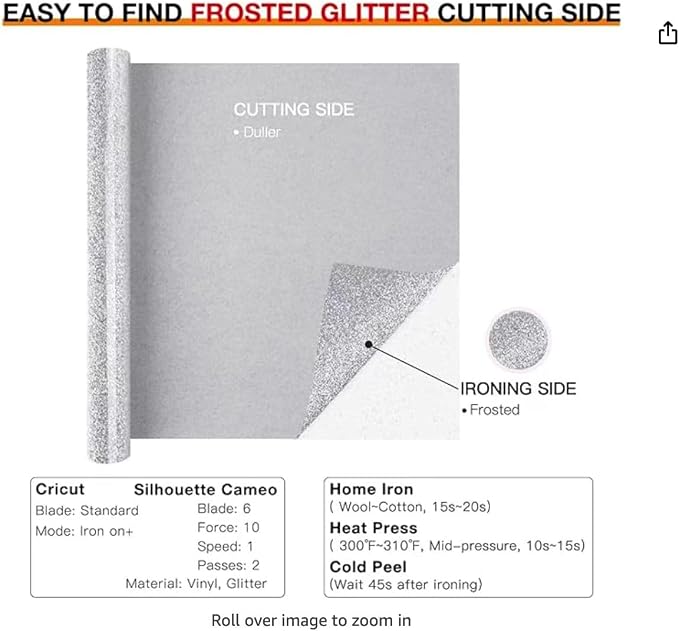 Silver Glitter Heat Transfer Vinyl 12" x 8 ft HTV