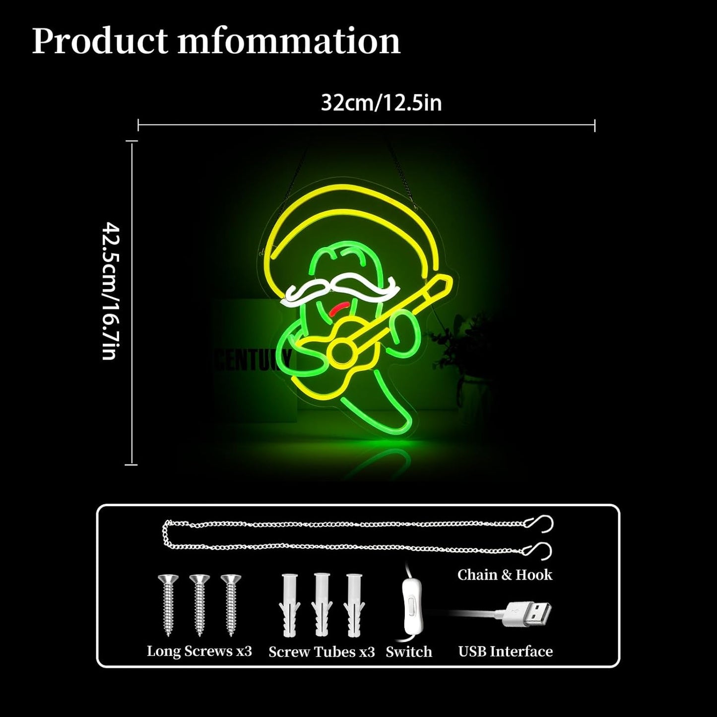 Cactus Guitar Neon Sign Led Neon Lights Neon Signs for Wall Decor Light Up Sign for Birthday Party Club Gift