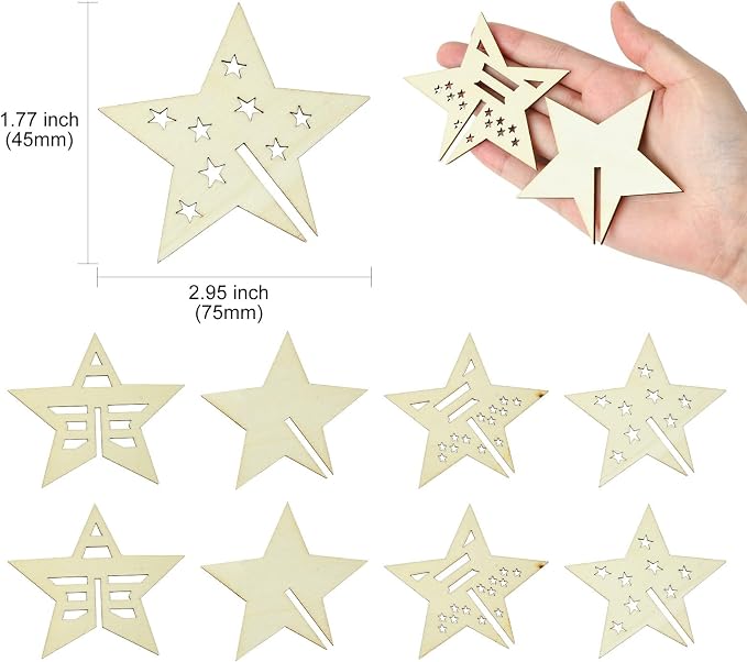 20 pcs 4 Styles Lovely Star Theme Unfinished Wood Cutout Charms 4th of July