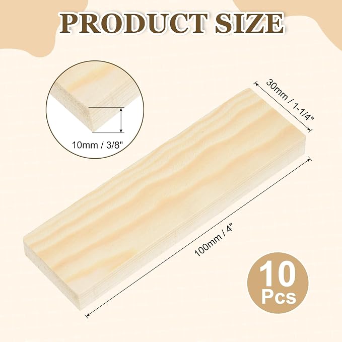 MECCANIXITY 10Pcs Wood Strips Slats, 3/8" x 1‑1/4" x 4" Thin Wood Sticks Flat