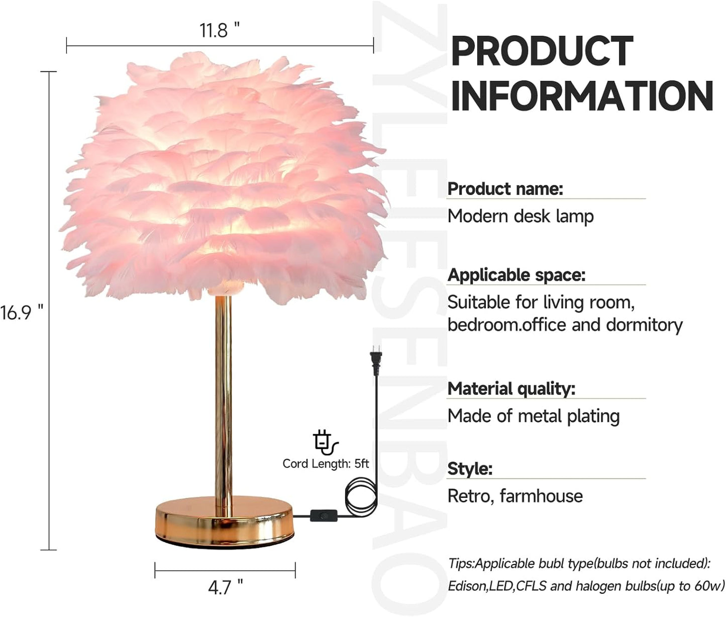 ZYLEIESENBAO Pink Feather Lamp Cute Romantic Goose Feather Table Lamp Furry Nightstand Light with Gold Base Bedside Lamp for Girl Bedroom Wedding Living Room Hotel Decorative
