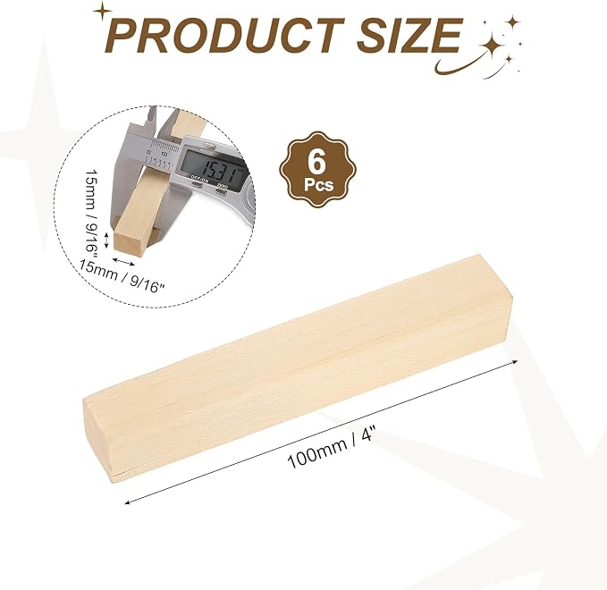 MECCANIXITY 6Pcs Basswood Sticks, 9/16" x 9/16" x 4" Square Wooden Dowel Rods