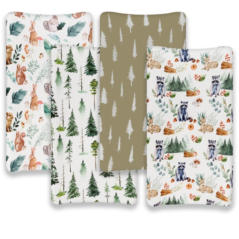 4 Pack Changing Pad Covers Woodland Forest Animals Wood Neutral Unisex Fitted Baby Changing Pad Cover Set for Baby Boys or Girls (Raccoon)