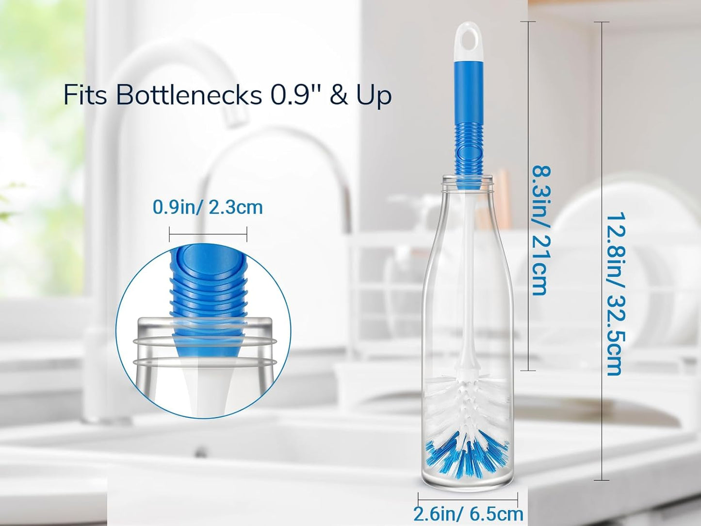 Bottle Brush Cleaner, Long Handle Bottle Brush with Dual Bristles for Water Bottles, Glassware, Mugs, Sports & Baby Bottles Cleaning, Blue 3 Pack