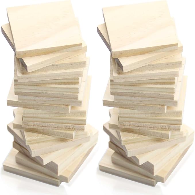 30PCS Wooden Squares for Crafts, 1/4 Inch Thick Natural Blank Square Blocks