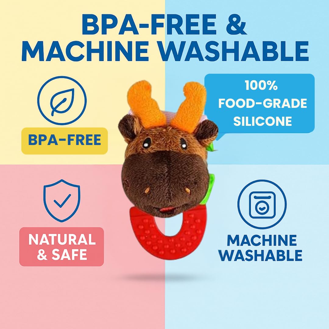 Wristy Buddy Teething Ring for Babies 0-6 8 10 12 Months | Cute Soft Moose Animal Teething Toys & Gloves | Baby Teething Relief Toy Pack | Infant Chew Toys for 3-6 Months, 1 2 3 Years