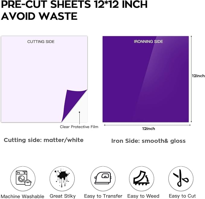 Dysania Purple Heat Transfer Vinyl, 10 Pack 12 x 12in Purple HTV Vinyl | Iron